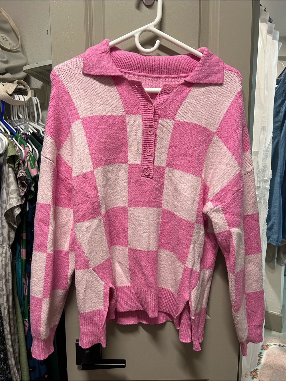 Pink Checkered Knit Polo Sweater